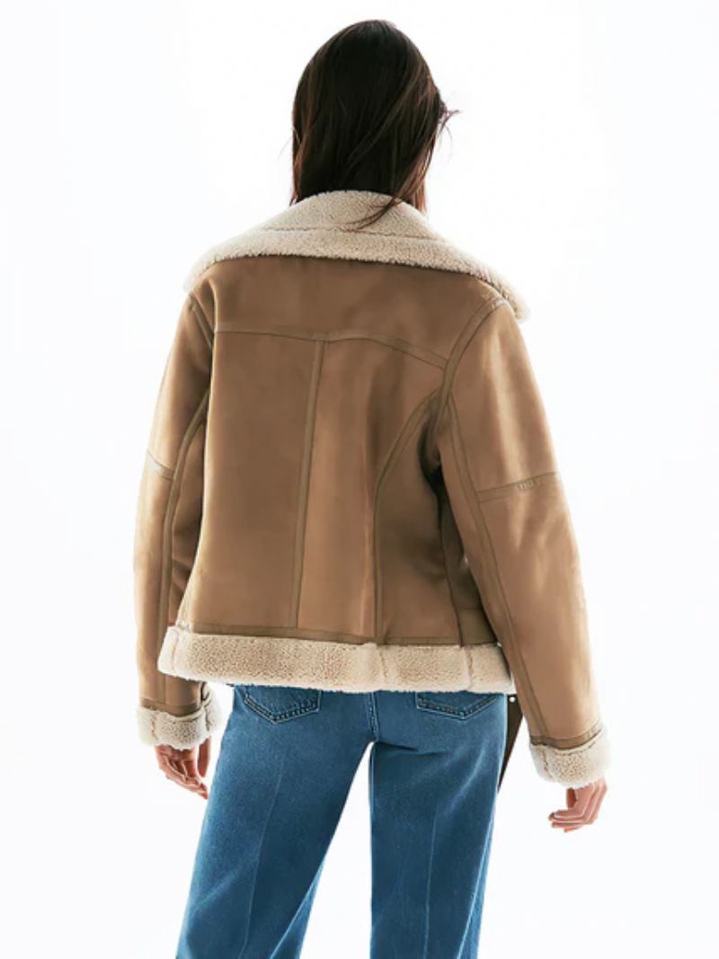 Casaco Camurça Falso Shearling Inverno Agasalhos Para Mulheres - Cáqui