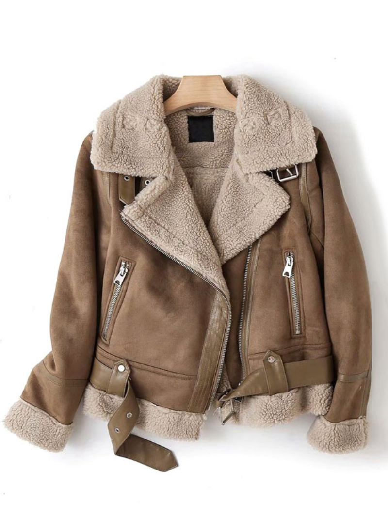 Casaco Camurça Falso Shearling Inverno Agasalhos Para Mulheres - Cáqui