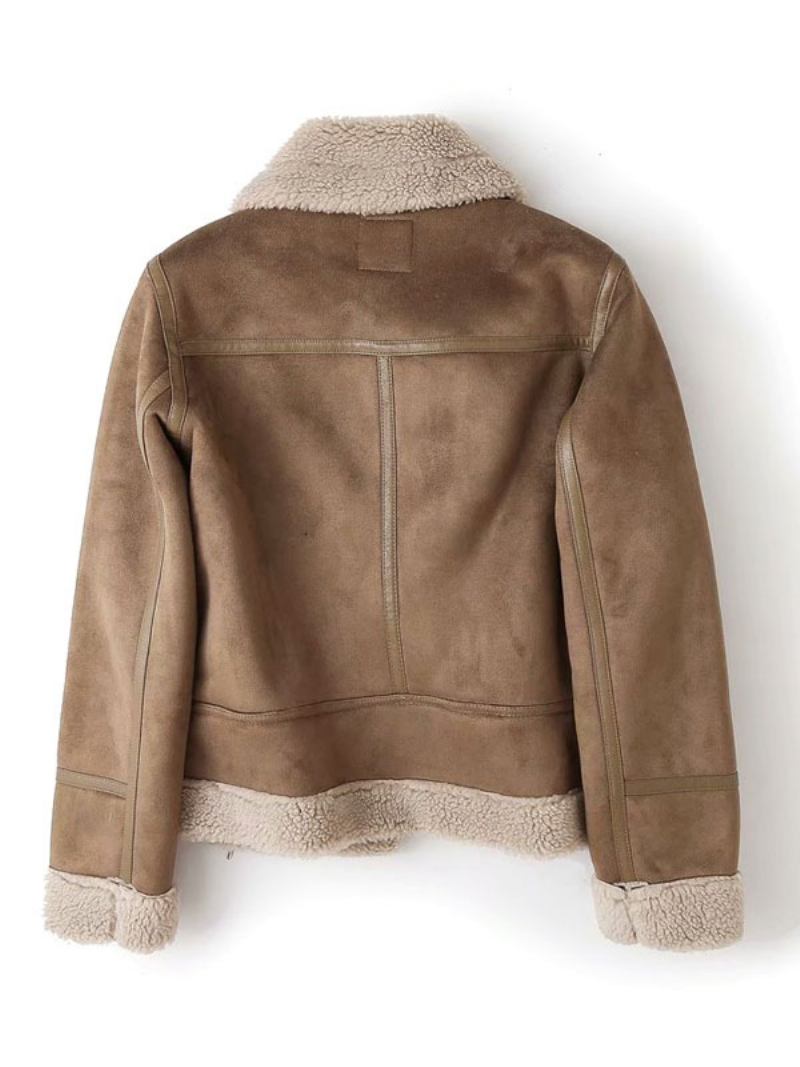 Casaco Camurça Falso Shearling Inverno Agasalhos Para Mulheres - Cáqui