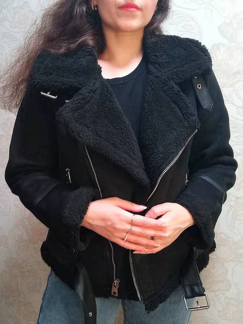 Casaco Camurça Falso Shearling Inverno Agasalhos Para Mulheres - Preto