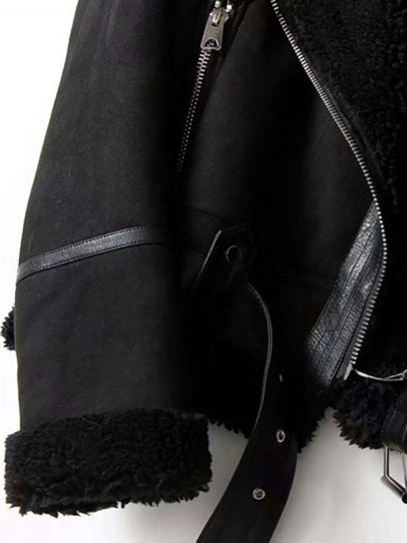 Casaco Camurça Falso Shearling Inverno Agasalhos Para Mulheres - Preto