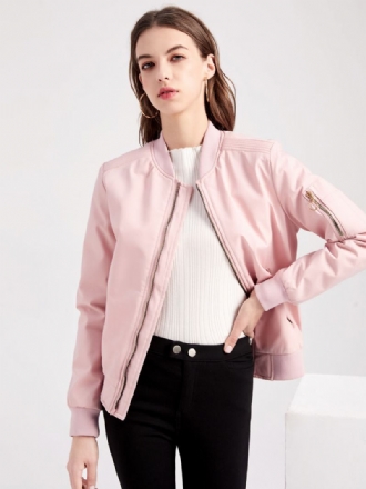 Jaqueta Bomber Rosa Casual Beisebol Cor Sólida Gola Zip Up Primavera Outono Rua Outerwear Para Mulher