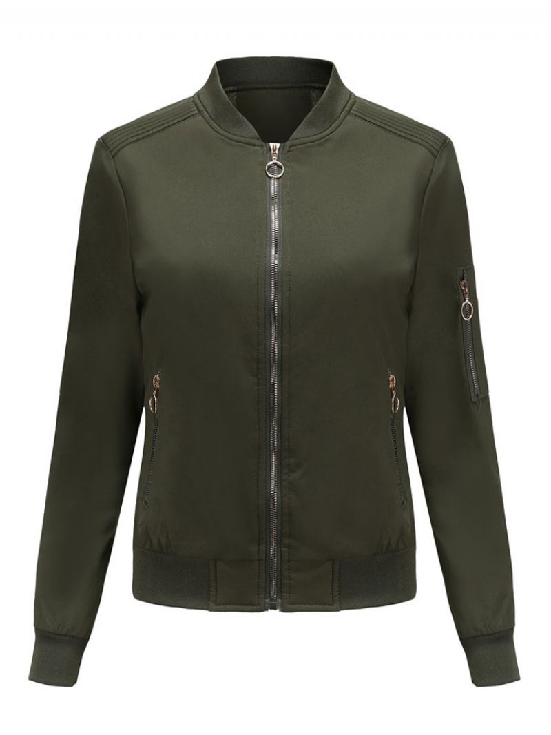 Jaqueta Bomber Rosa Casual Beisebol Cor Sólida Gola Zip Up Primavera Outono Rua Outerwear Para Mulher - Verde Hunter