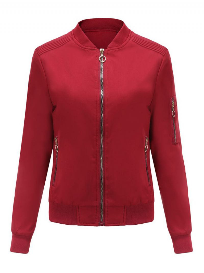 Jaqueta Bomber Rosa Casual Beisebol Cor Sólida Gola Zip Up Primavera Outono Rua Outerwear Para Mulher - Vermelho