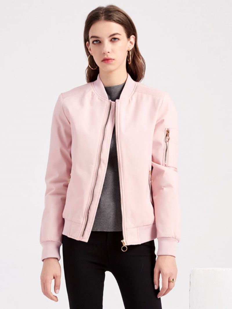 Jaqueta Bomber Rosa Casual Beisebol Cor Sólida Gola Zip Up Primavera Outono Rua Outerwear Para Mulher - Rosa