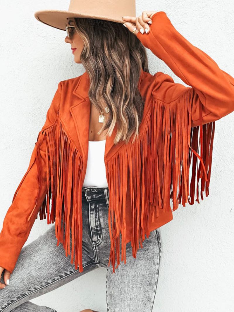 Jaqueta Camurça Preta Gola Aberta Franja Lapela Cintura Alta Cor Sólida Oversized Relaxado Ajuste Primavera Outono Rua Outerwear Para Mulher - Laranja Vermelho