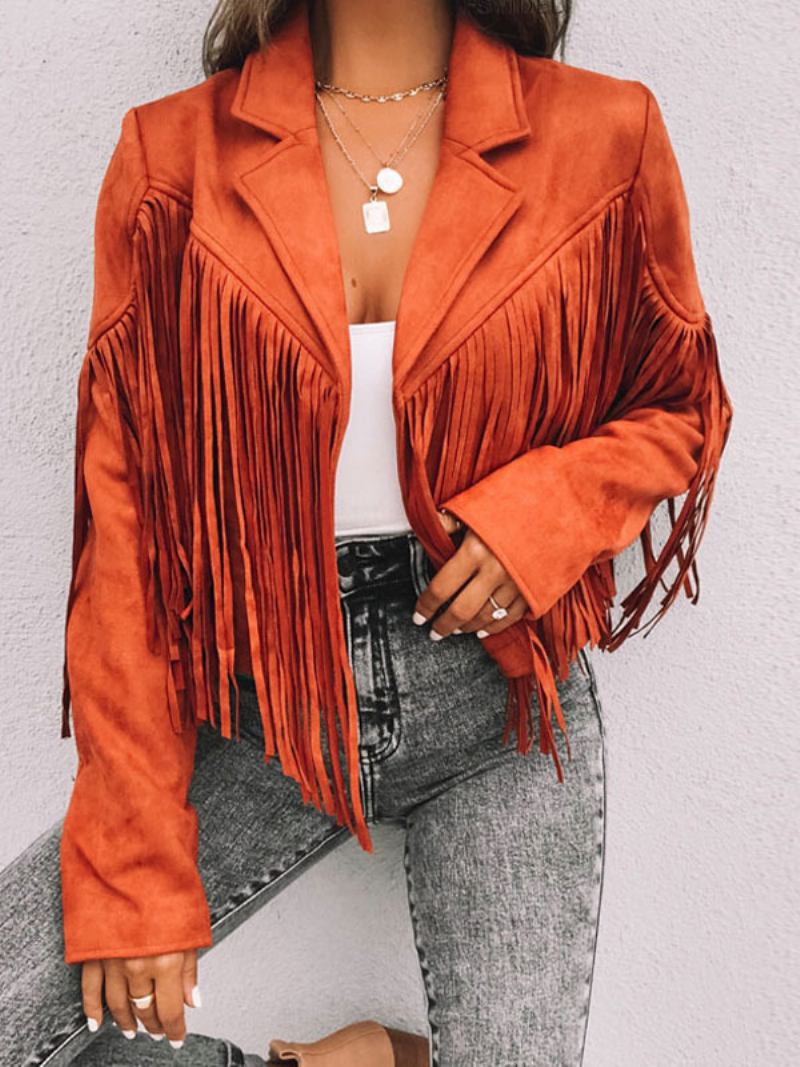 Jaqueta Camurça Preta Gola Aberta Franja Lapela Cintura Alta Cor Sólida Oversized Relaxado Ajuste Primavera Outono Rua Outerwear Para Mulher - Laranja Vermelho