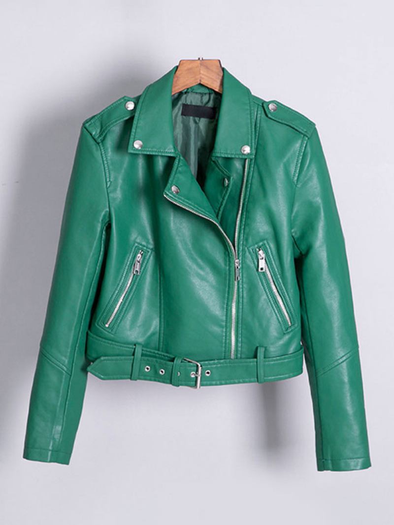 Jaqueta Couro Falso Para Moto Branca Pu Gola Aberta Manga Comprida Estilo Namorado Zíper Casual Primavera Outono Roupa Motociclista Mulheres - Verde