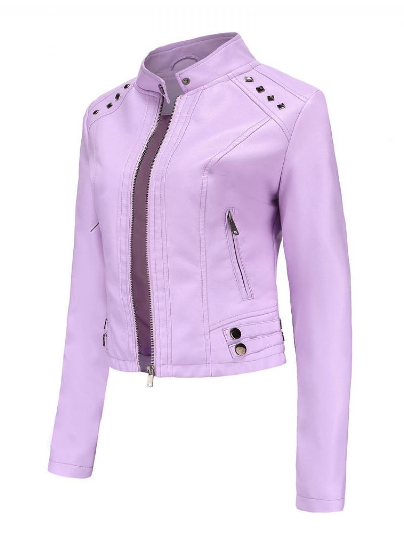 Jaqueta Couro Falso Pu Rebite Zip Up Gola Primavera Outono Street Biker Outerwear Para Mulheres - Lilás