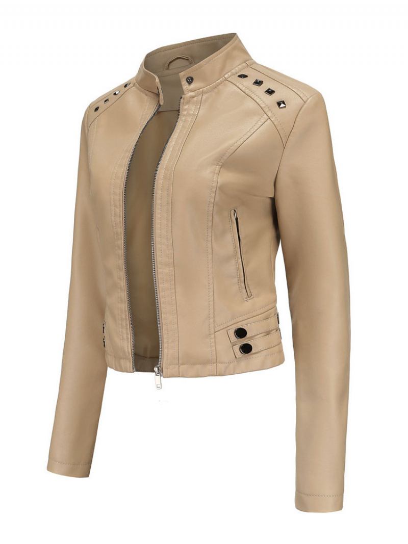 Jaqueta Couro Falso Pu Rebite Zip Up Gola Primavera Outono Street Biker Outerwear Para Mulheres - Amarelo Claro Profundo