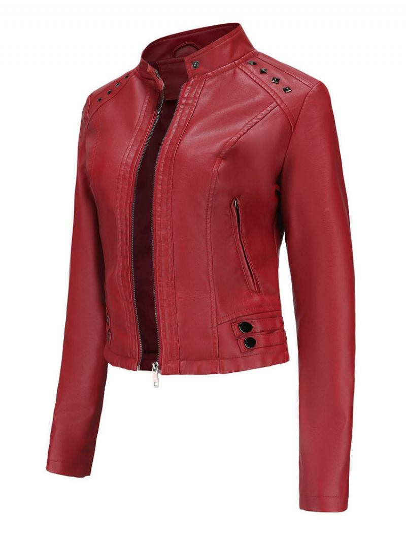 Jaqueta Couro Falso Pu Rebite Zip Up Gola Primavera Outono Street Biker Outerwear Para Mulheres - Borgonha