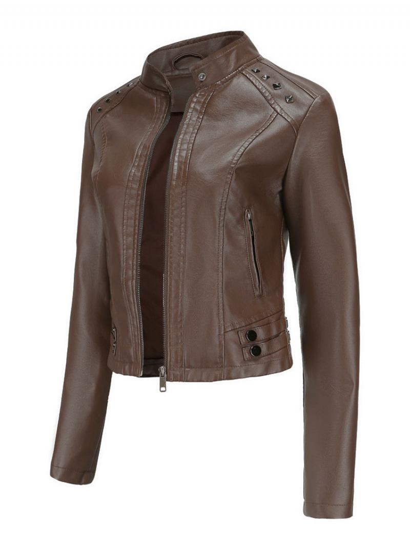 Jaqueta Couro Falso Pu Rebite Zip Up Gola Primavera Outono Street Biker Outerwear Para Mulheres - Marrom Profundo