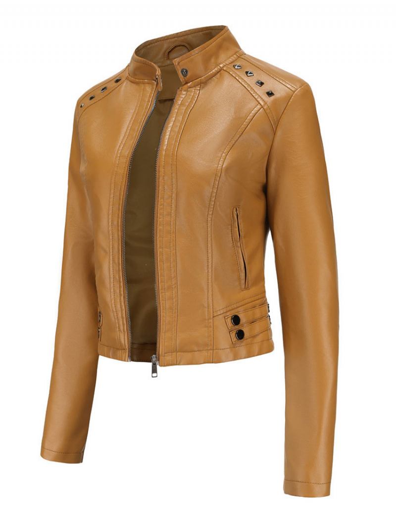 Jaqueta Couro Falso Pu Rebite Zip Up Gola Primavera Outono Street Biker Outerwear Para Mulheres - Camelo