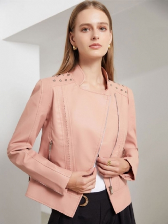 Jaqueta Couro Falso Rosa Pu Gola Rebite Zip Up Primavera Outono Street Biker Outerwear Para Mulheres