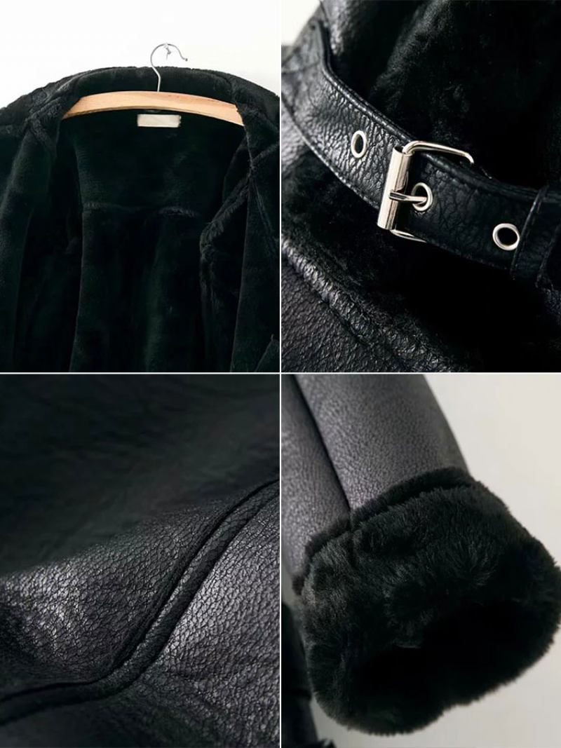 Jaqueta Couro Feminina Faux Shearling Pu Moto Casacos Inverno - Preto