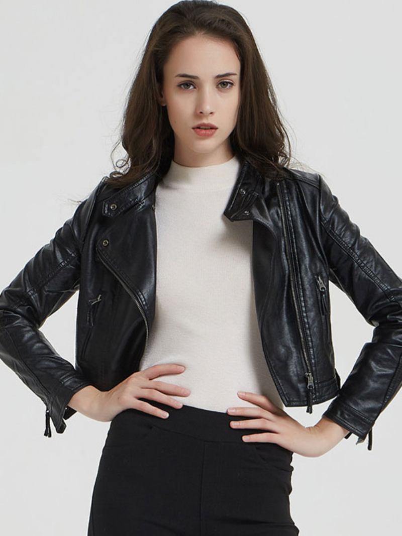 Jaqueta Couro Pu Moto Com Gola Boyfriend Spring Outerwear Para Mulheres