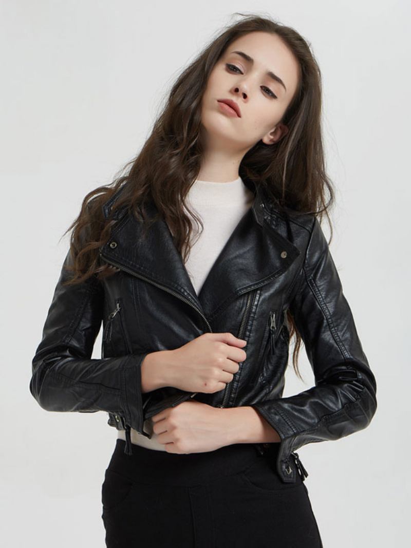 Jaqueta Couro Pu Moto Com Gola Boyfriend Spring Outerwear Para Mulheres - Preto