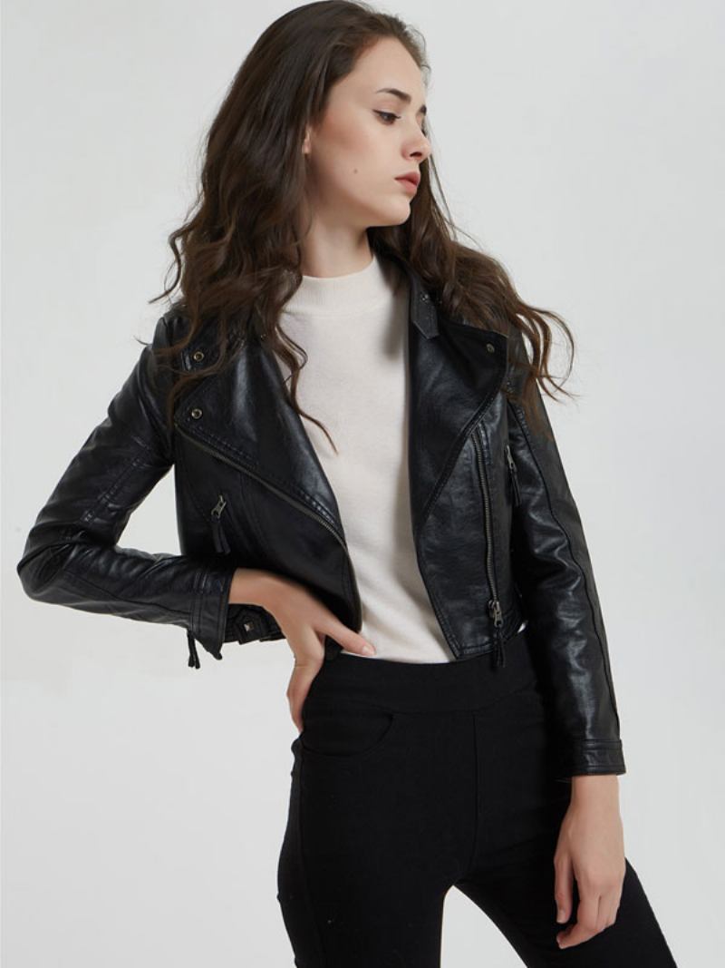 Jaqueta Couro Pu Moto Com Gola Boyfriend Spring Outerwear Para Mulheres - Preto