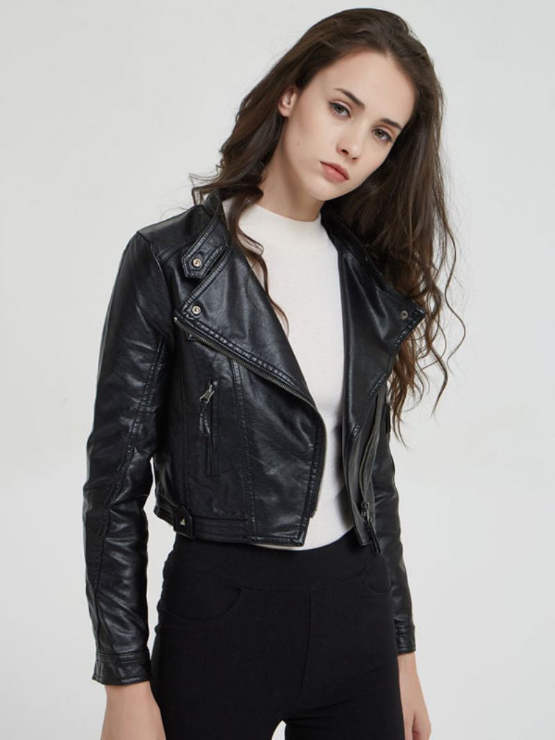 Jaqueta Couro Pu Moto Com Gola Boyfriend Spring Outerwear Para Mulheres - Preto