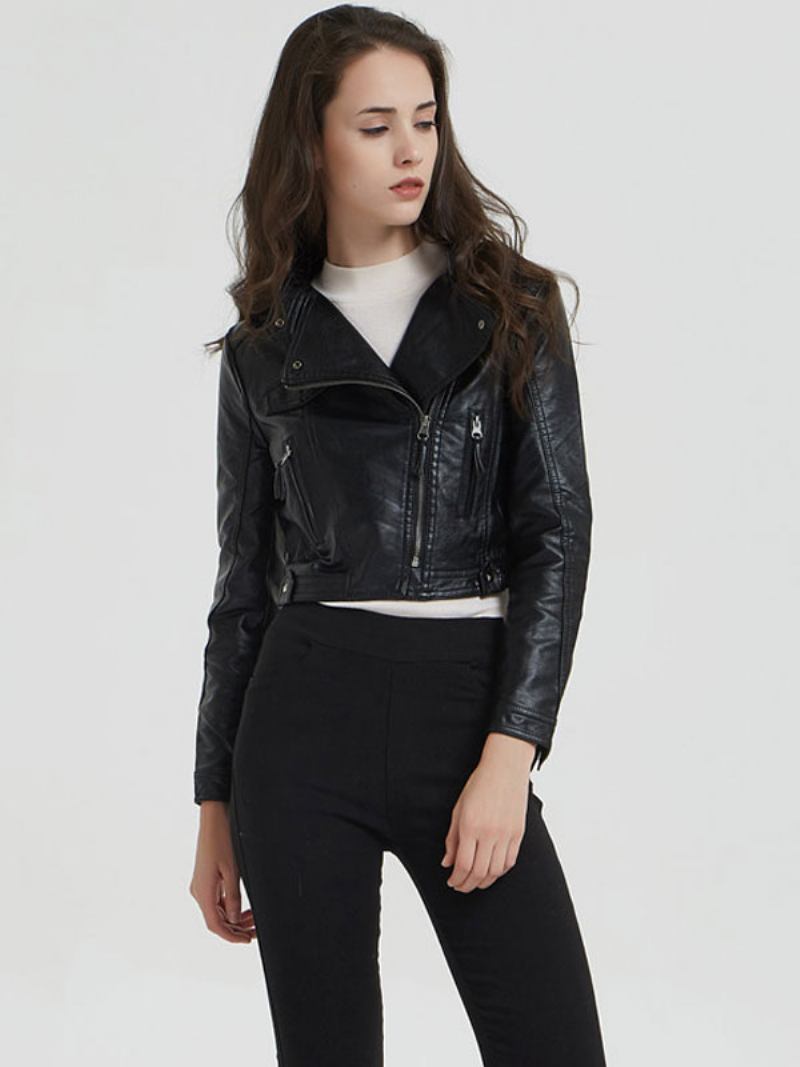 Jaqueta Couro Pu Moto Com Gola Boyfriend Spring Outerwear Para Mulheres - Preto