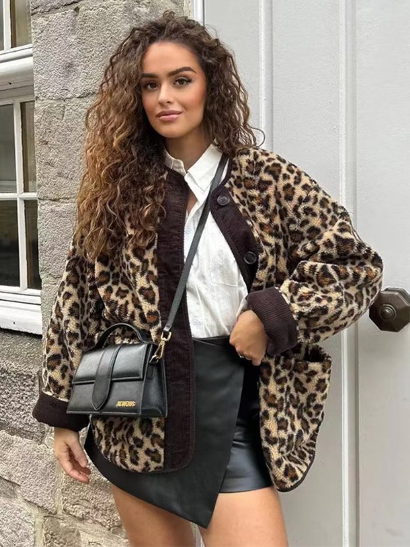 Jaqueta Leopardo Com Bolsos Botões Jaquetas Casuais Outono Primavera Para Mulheres