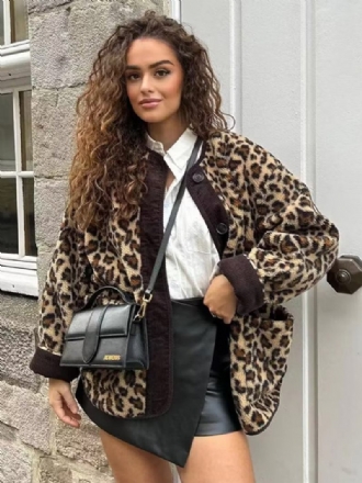 Jaqueta Leopardo Com Bolsos Botões Jaquetas Casuais Outono Primavera Para Mulheres