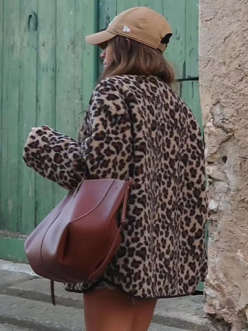 Jaqueta Leopardo Com Bolsos Botões Jaquetas Casuais Outono Primavera Para Mulheres - Café Marrom