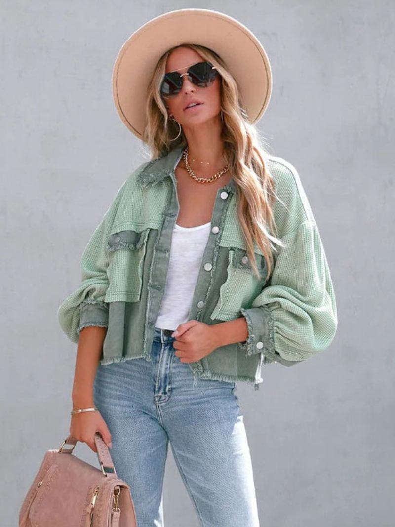 Jaqueta Verde Dois Tons Casual Ajuste Relaxado Cintura Alta Oversized Primavera Outono Waffle Outerwear Para Mulher - Verde