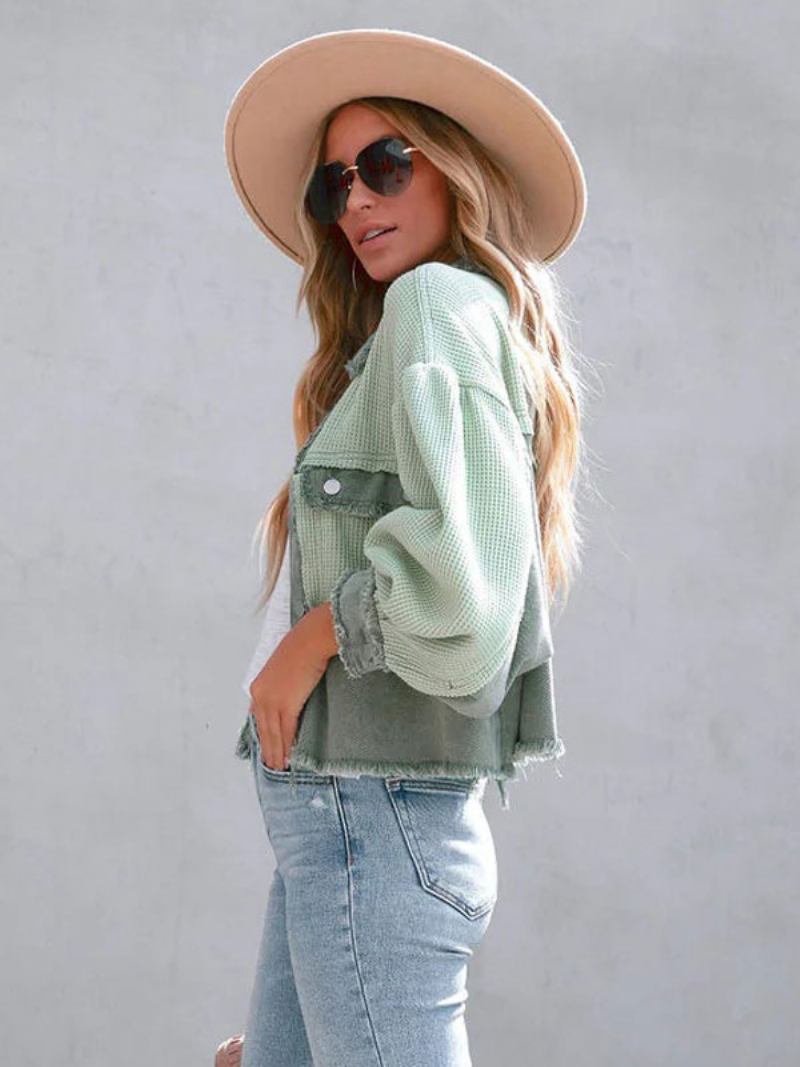 Jaqueta Verde Dois Tons Casual Ajuste Relaxado Cintura Alta Oversized Primavera Outono Waffle Outerwear Para Mulher - Verde