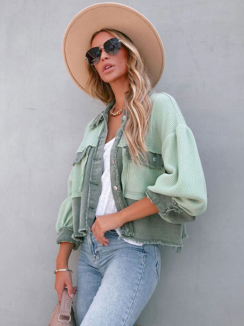 Jaqueta Verde Dois Tons Casual Ajuste Relaxado Cintura Alta Oversized Primavera Outono Waffle Outerwear Para Mulher - Verde