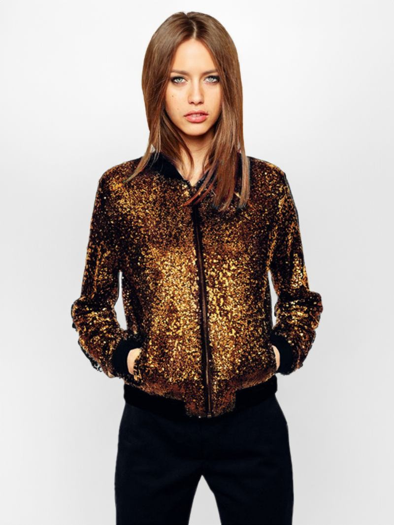 Jaquetas Bomber Femininas Com Lantejoulas Para Primavera - Ouro Claro