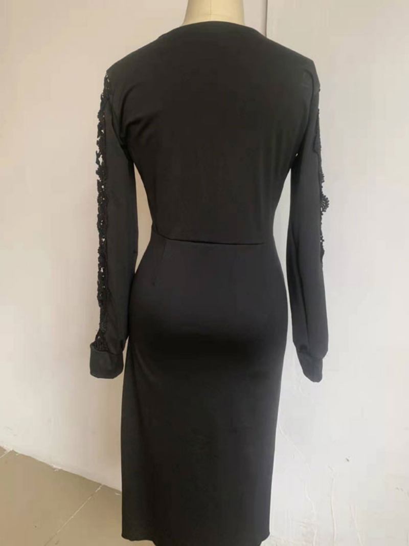 Vestido Bodycon Aniversário Feminino Preto Mangas Compridas Corte Casual Decote Em V Camadas Midi Vestidos Envoltórios Bainha - Preto