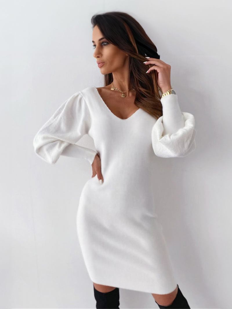 Vestido Bodycon Feminino Branco Com Decote Em V Casual Mangas Compridas Vestidos Lápis Envolventes