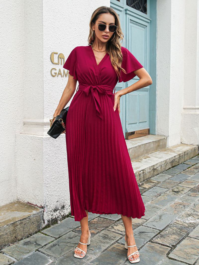 Vestido Feminino Com Cadarço Na Moda Decote Em V Manga Curta Midi - Borgonha