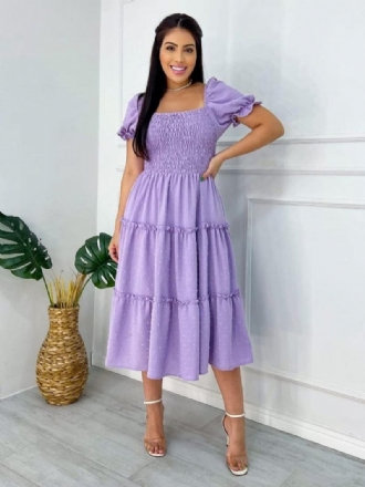 Vestido Feminino Evasê Com Babados Bolinhas Mangas Bufantes Vestidos Casuais Verão