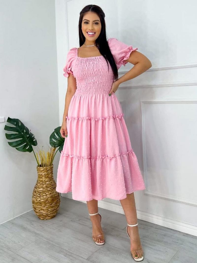 Vestido Feminino Evasê Com Babados Bolinhas Mangas Bufantes Vestidos Casuais Verão - Rosa