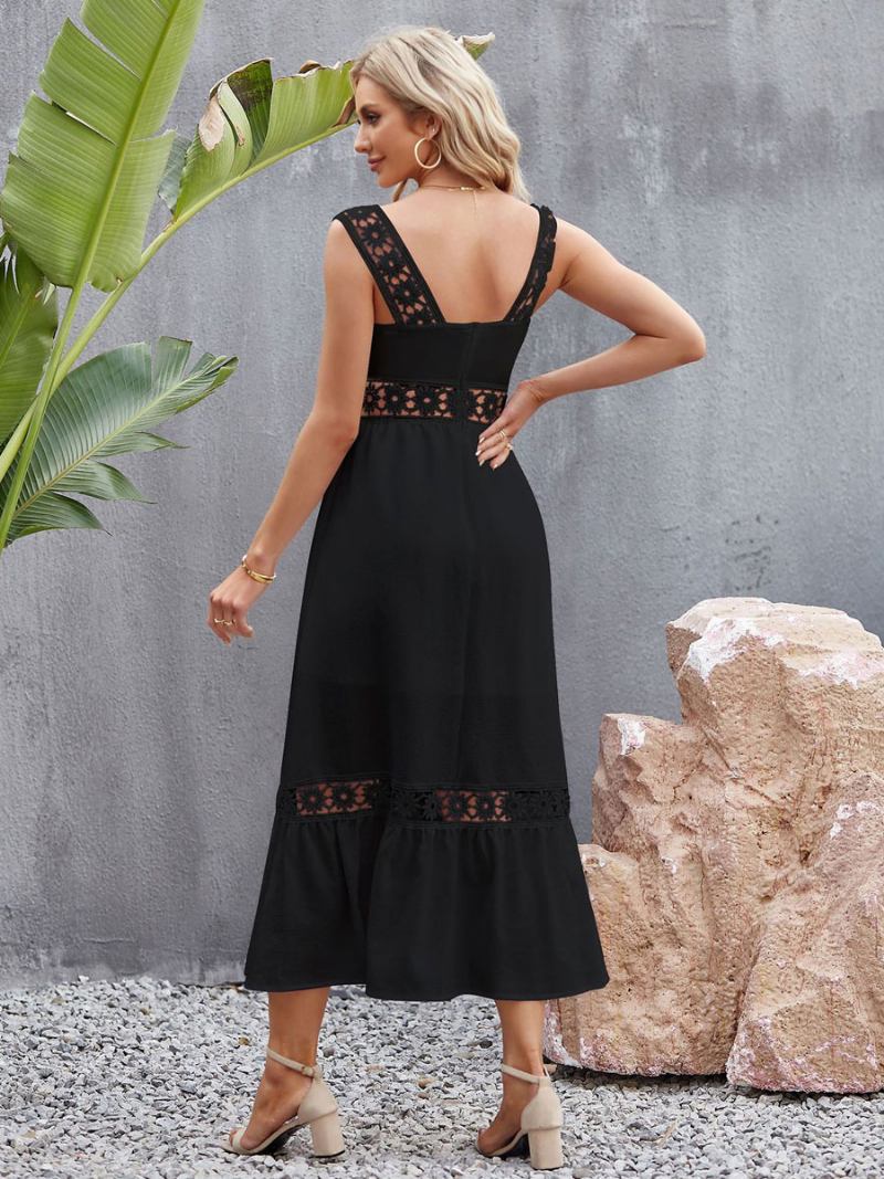 Vestido Feminino Midi Casual Com Decote Quadrado E Sem Mangas - Preto