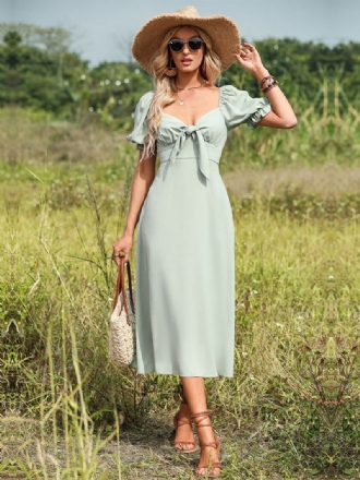 Vestido Feminino Verão Com Decote Em Coração Plissado Nó Pastel Verde Médio Praia