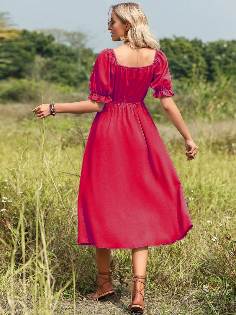 Vestido Feminino Verão Com Decote Em Coração Plissado Nó Pastel Verde Médio Praia - Vermelho