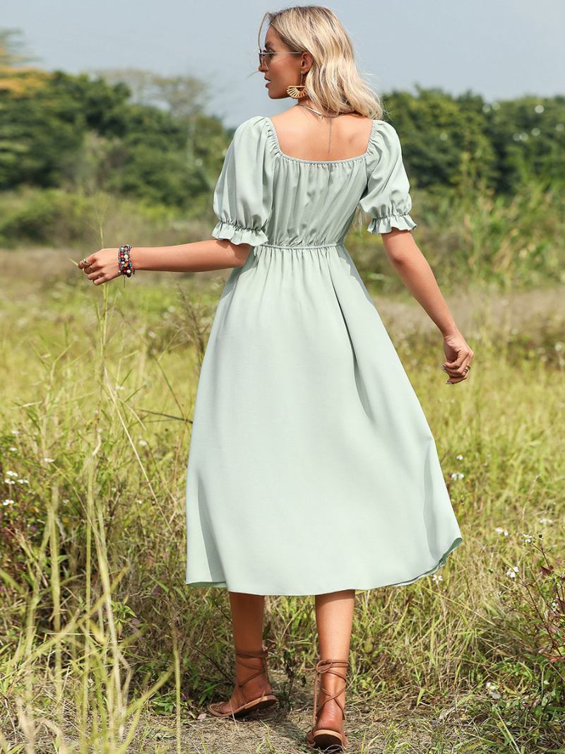 Vestido Feminino Verão Com Decote Em Coração Plissado Nó Pastel Verde Médio Praia - Verde Pastel