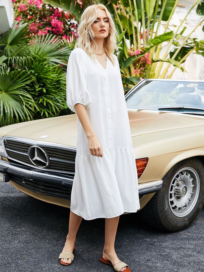 Vestido Feminino Verão Midi Branco Com Decote Em V Botões Praia Poliéster