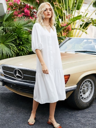 Vestido Feminino Verão Midi Branco Com Decote Em V Botões Praia Poliéster