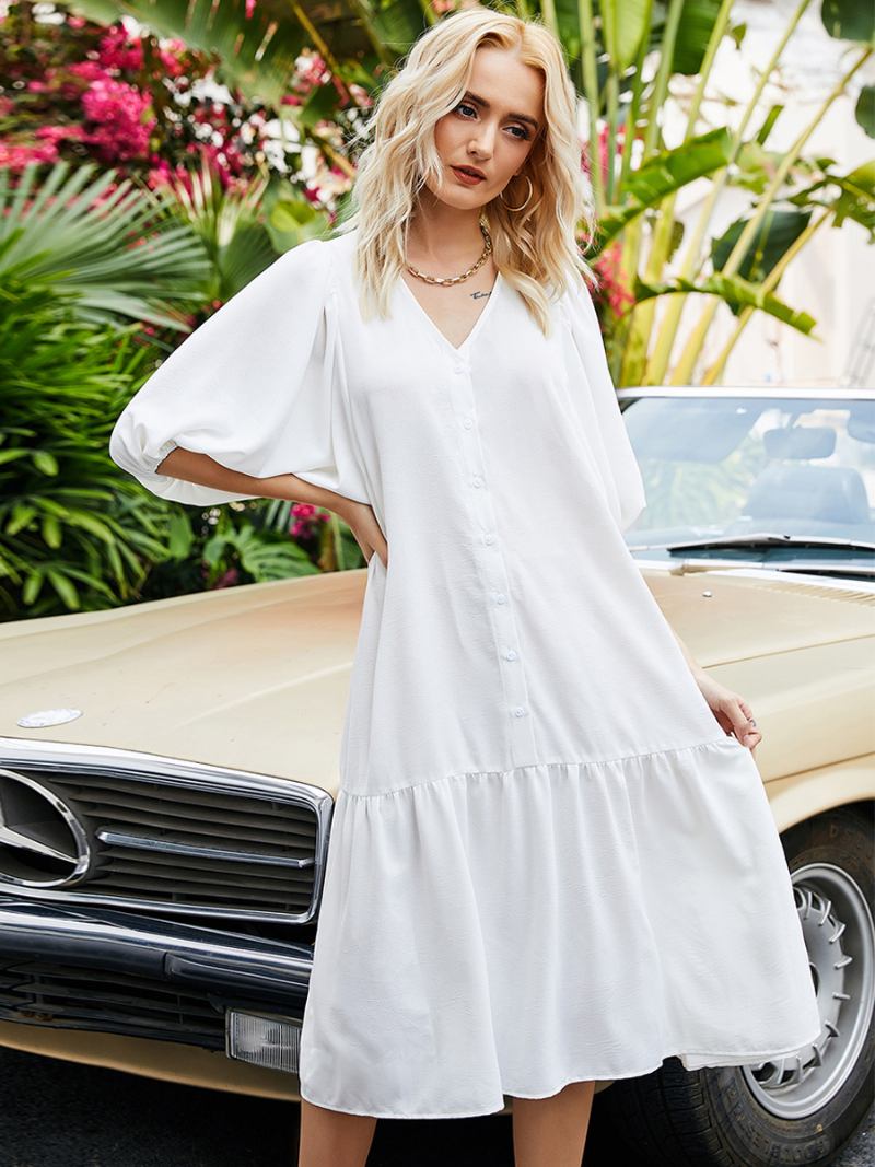 Vestido Feminino Verão Midi Branco Com Decote Em V Botões Praia Poliéster - Branco