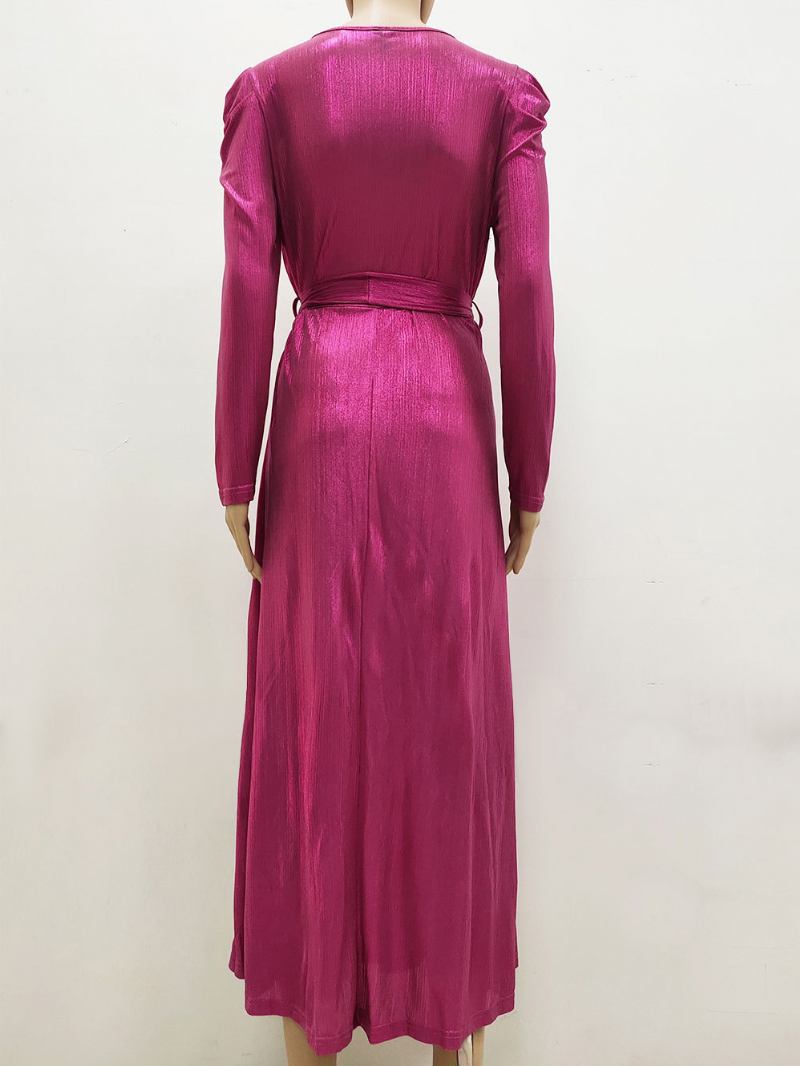 Vestido Maxi Feminino Aniversário Com Decote Em V Mangas Compridas Casual Grande Até O Chão - Rosa