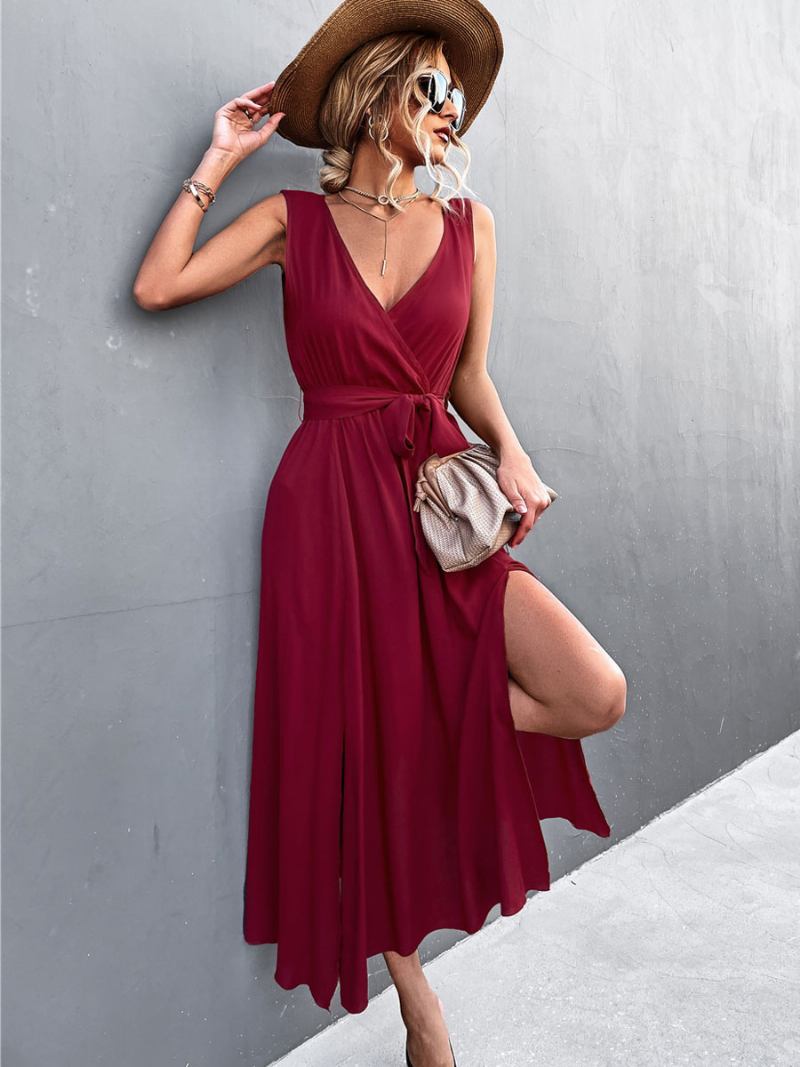 Vestido Maxi Feminino Com Decote Em V Longo Sem Mangas