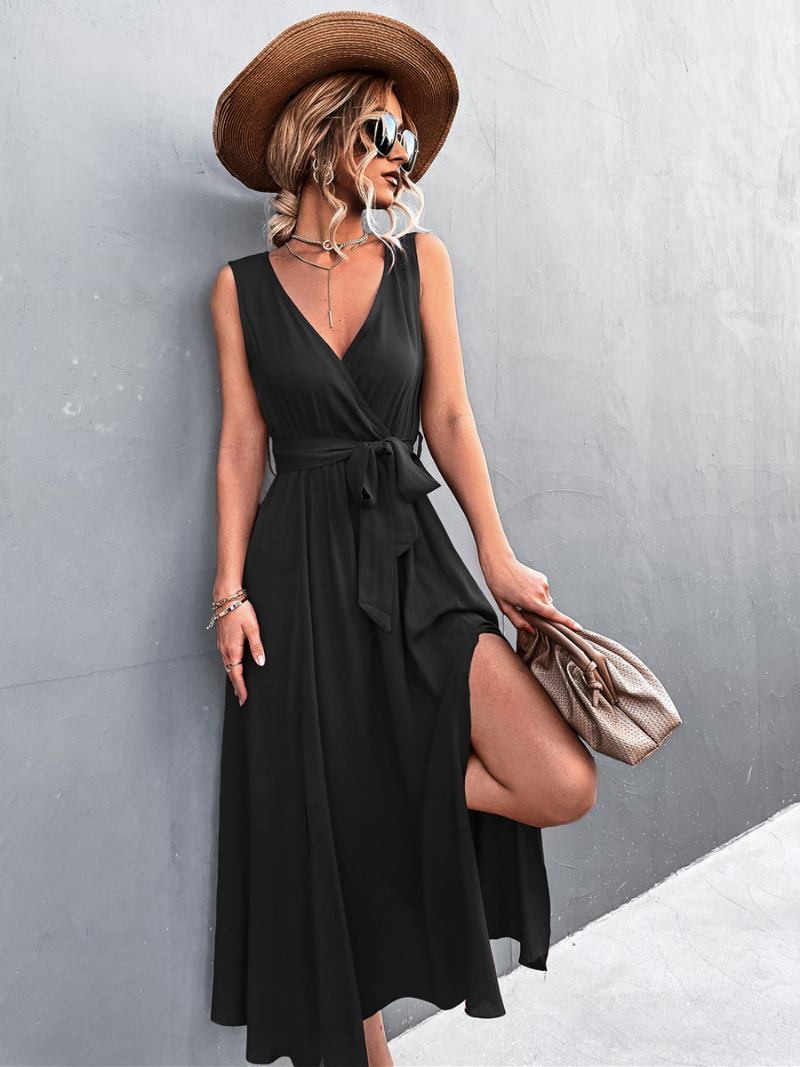 Vestido Maxi Feminino Com Decote Em V Longo Sem Mangas - Preto