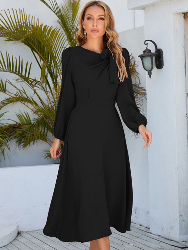 Vestido Maxi Feminino Com Gola Joia E Mangas Compridas - Preto