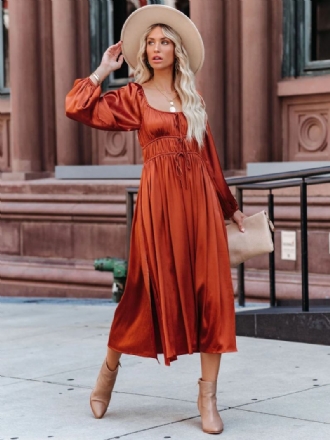 Vestido Maxi Feminino Com Gola Quadrada E Mangas Compridas Laranja Vermelho Até O Chão