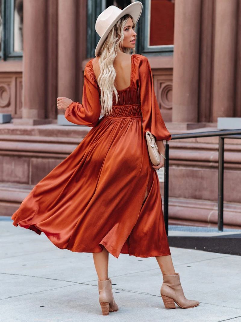 Vestido Maxi Feminino Com Gola Quadrada E Mangas Compridas Laranja Vermelho Até O Chão - Laranja Vermelho