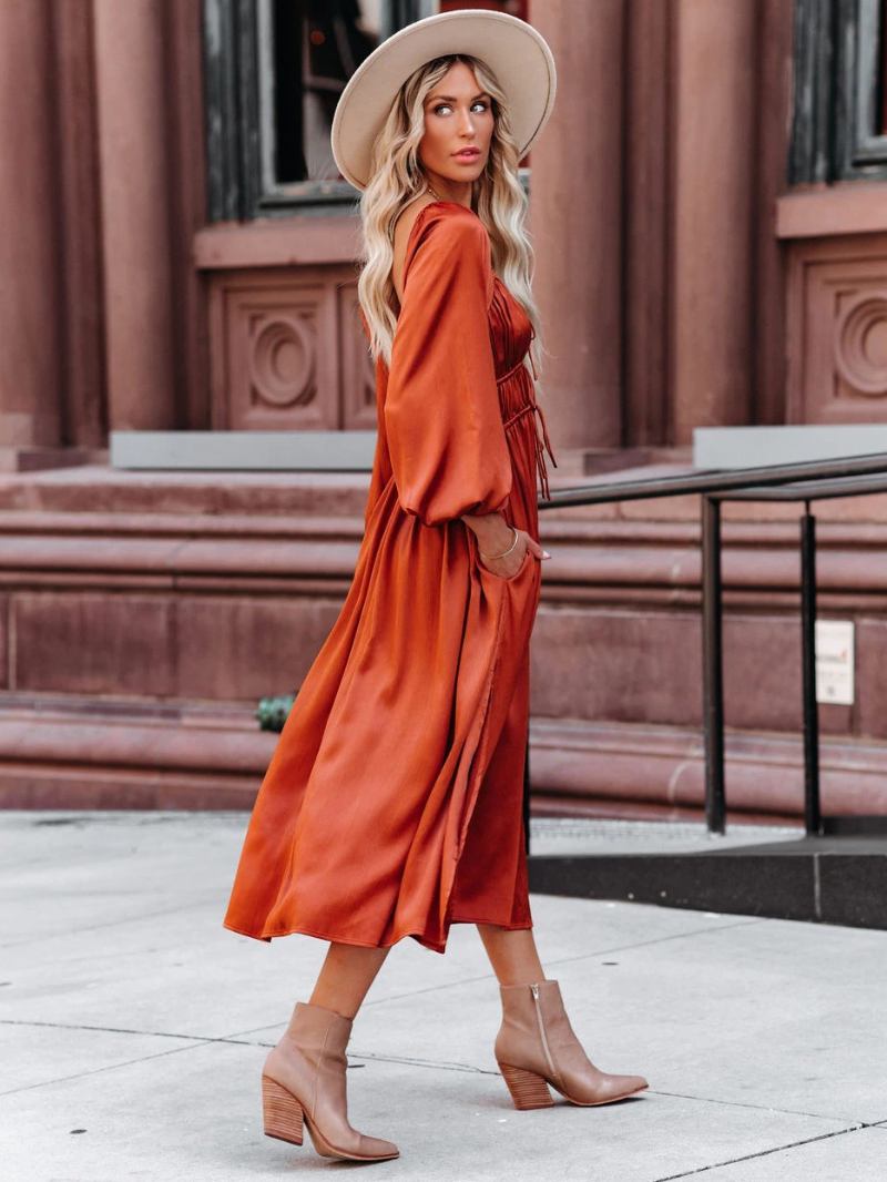 Vestido Maxi Feminino Com Gola Quadrada E Mangas Compridas Laranja Vermelho Até O Chão - Laranja Vermelho